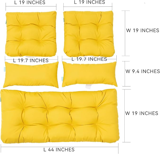 QILLOWAY Outdoor Patio Wicker Seat Cushions Group Loveseat/Two U-Shape/Two Lumbar Pillows for Patio Furniture,Wicker Loveseat,Bench,Porch,Settee of 5 (Yellow)