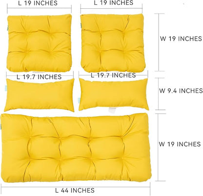 QILLOWAY Outdoor Patio Wicker Seat Cushions Group Loveseat/Two U-Shape/Two Lumbar Pillows for Patio Furniture,Wicker Loveseat,Bench,Porch,Settee of 5 (Yellow)
