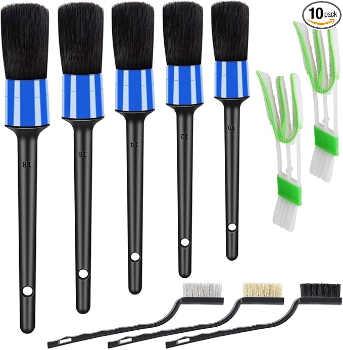 10pcs Detailing Brush Set, Including 5 car Cleaning Brush, 3 Wire Brush by LOKEME-USDirect
