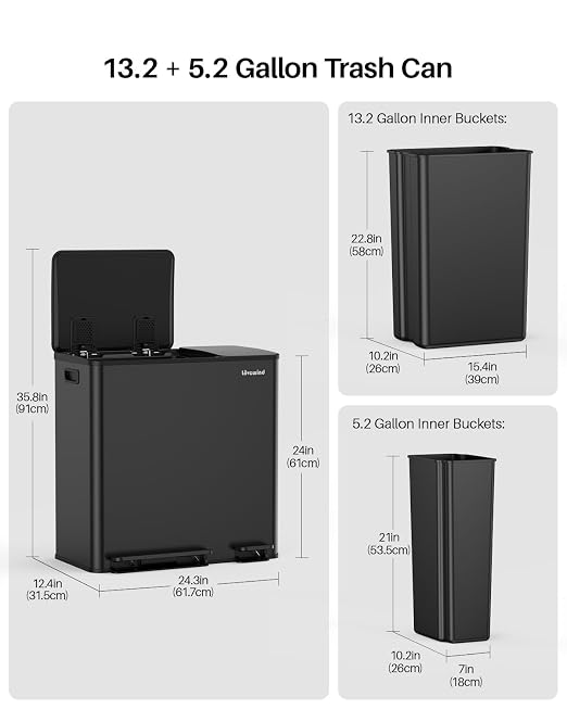 Dual Trash and Recycling Bins for Kitchen, 13.2 + 5.2 Gal Stainless Steel Trash - Image 7