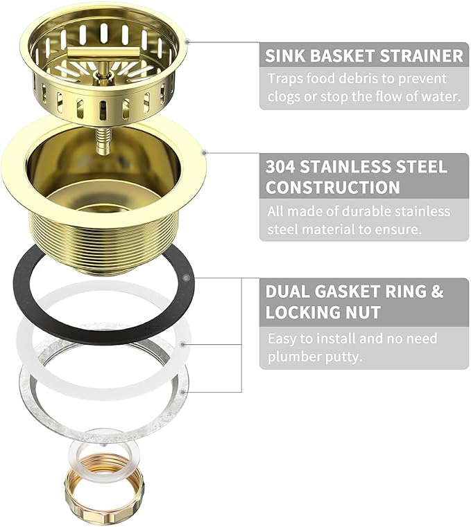 KONE 3-1/2 Inch Kitchen Sink Drain Assembly Stainless Steel Gold Kit - Image 5