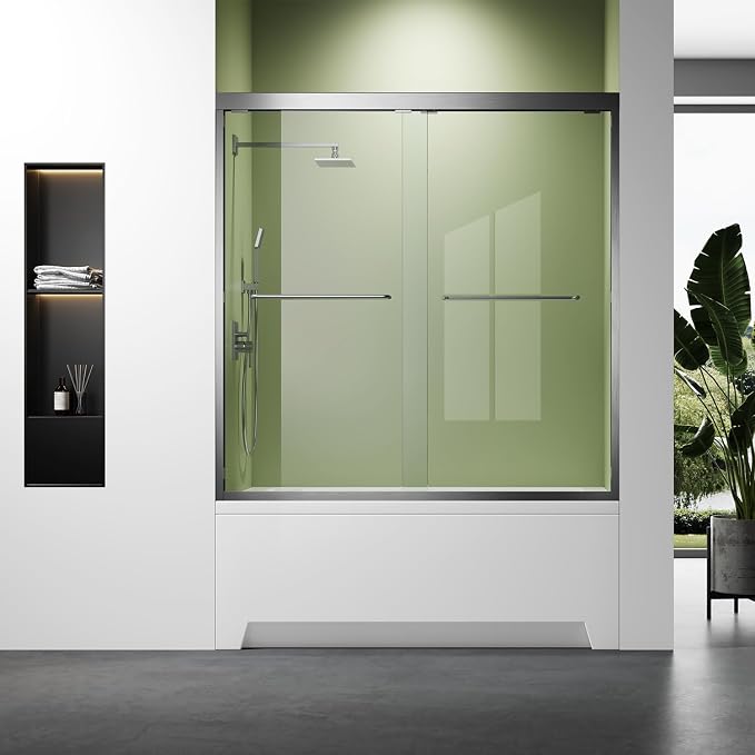 Brushed Nickel 56-60 in. W x 57 in. H Bypass Sliding Bathtub Glass Shower Doors by Glazenclos