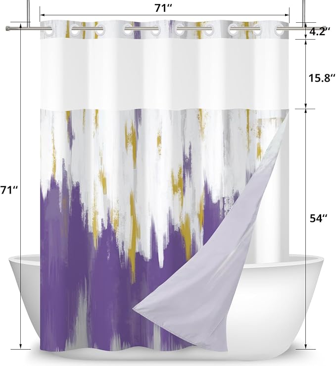 No Hook Shower Curtain with Snap in Liner, Hotel Style Purple White Gold Brush - Image 6