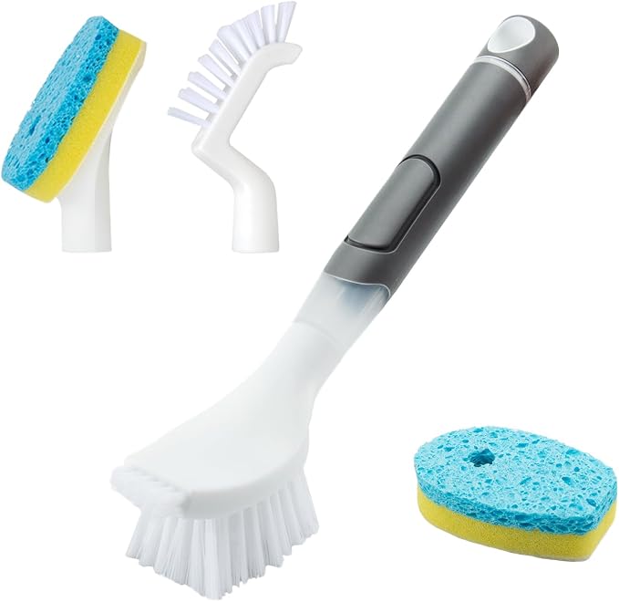 Dish Brush with soap Dispenser，4 PCS Replacement Brush Refills dishwashing by REEWII