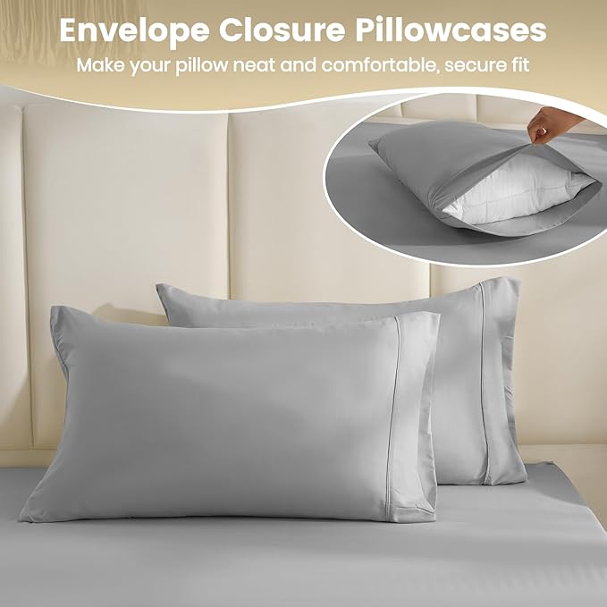 King Sheet Set - 4 Piece Silky Ultra Soft Breathable Bed Sheet Set, 16" Deep Pocket for Mattress, Hotel Luxury King Size Sheets & Wrinkle Free,Easy Care Cooling Bedding Sheets,Light Grey