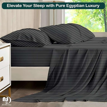 NON Sticky cotton Queen Size Sleeper Sofa Sheets, 4 Piece Egyptian Cotton Bed Sheet Set for Sofa Bed, 8" Deep Pocket for Pull Out Couch Mattress, 60" x 75", Dark Grey Stripe, Soft & Breathable