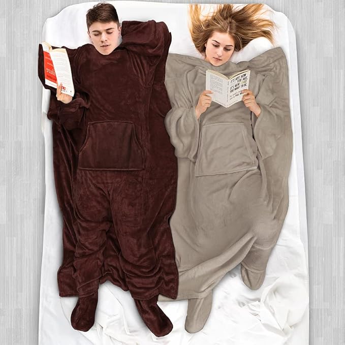 PAVILIA Fleece Blanket with Sleeves, Foot Pockets for Women Men Adults, Plush Wearable Blanket Throw Wrap, Warm Snuggle Blanket Robe, Cozy Gift Ideas Wife Mom, Taupe Beige