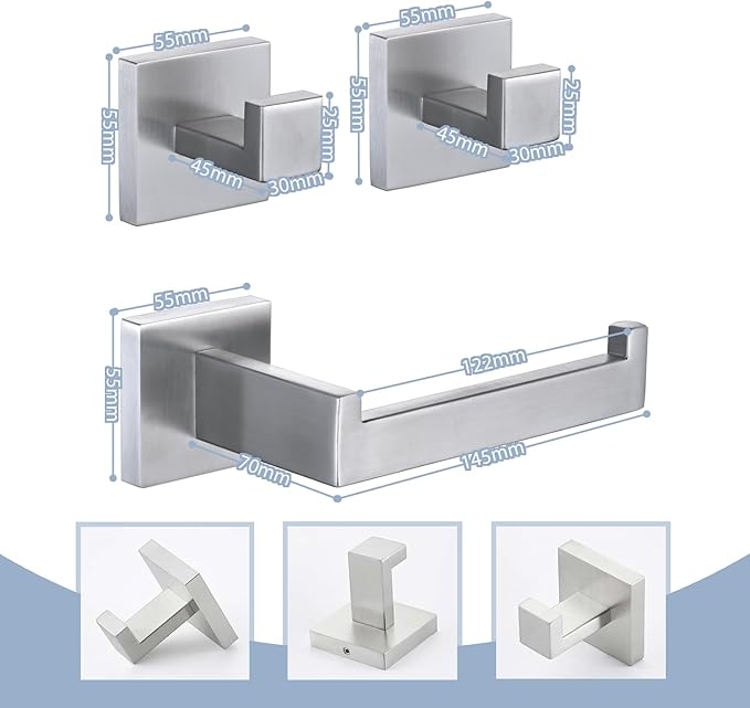 3PCS Bathroom Hardware Set, Brushed Nickel Toilet Paper Holder, 2 Square Towel - Image 2