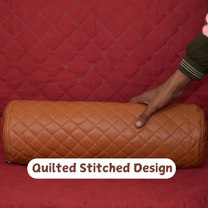 Neck Roll Pillow Cushion Cover, 14x6 Inch Full Moon Round Bolster Pillow Case, Cylinder Soft Lambskin Leather Pillowcase for Head, Spine & Neck Support During Sleep - Quilted Tan Pack of 1