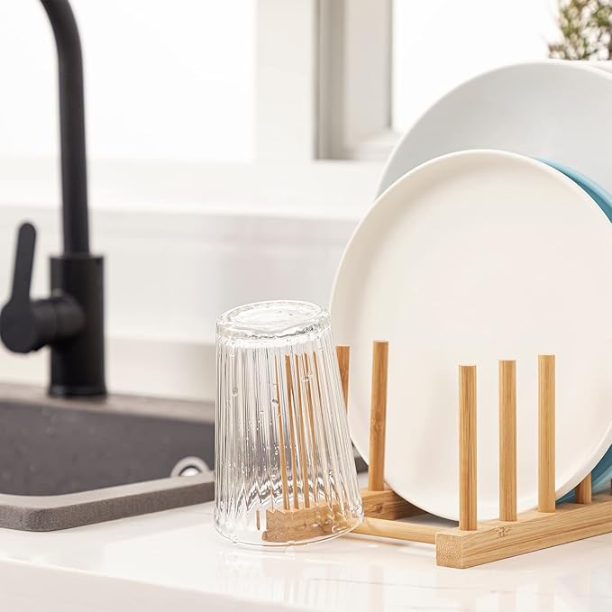 HBlife 2pcs Bamboo Dish Plate Bowl Cup Book Pot Lid Cutting Board Drying Rack - Image 3