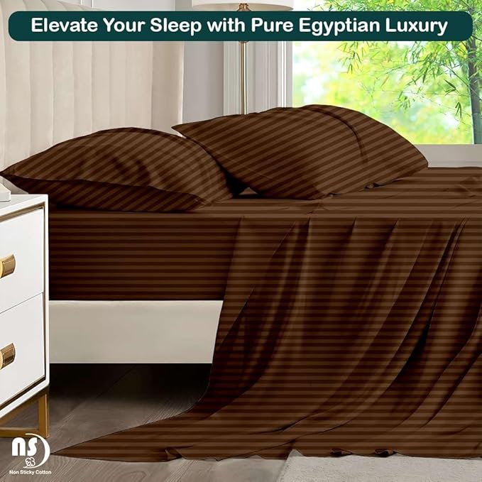 NON Sticky cotton Twin Size Sleeper Sofa Sheets, 4 Piece Egyptian Cotton Bed Sheet Set for Sofa Bed, 7" Deep Pocket for Pull Out Couch Mattress, 39" x 75", Chocolate Stripe, Soft & Breathable