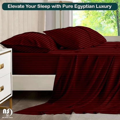 NON Sticky cotton Queen Size Sleeper Sofa Sheets, 4 Piece Egyptian Cotton Bed Sheet Set for Sofa Bed, 8" Deep Pocket for Pull Out Couch Mattress, 60" x 75", Burgundy Stripe, Soft & Breathable