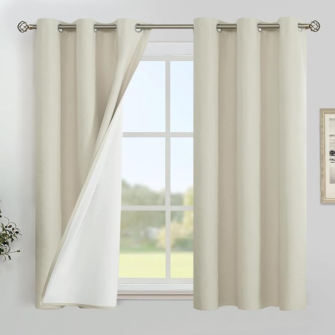 YoungsTex 48 Inch Length Stone Linen 100% Blackout Curtains, Short Thermal by YoungsTex