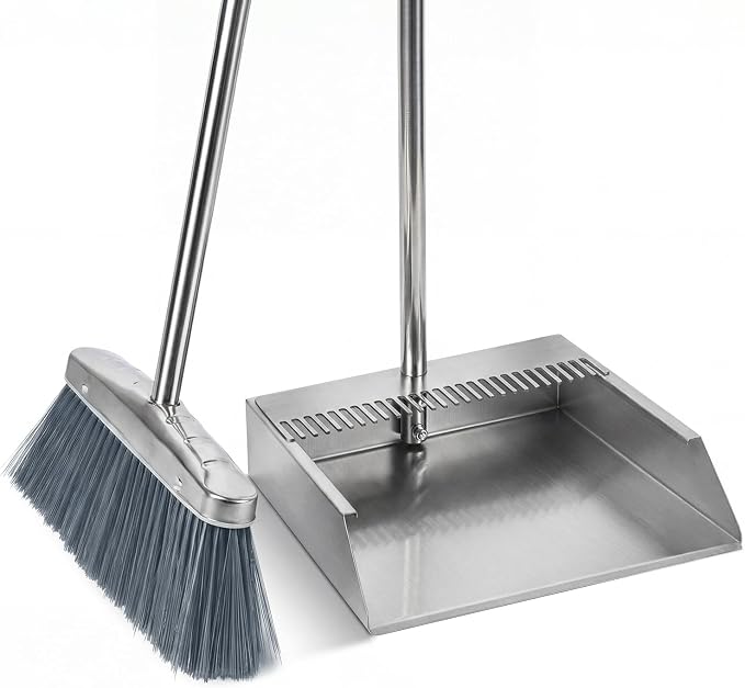 Metal Dustpan with Broom Combo Set, Heavy Duty 304 Stainless Steel 1mm Thick by Unknown