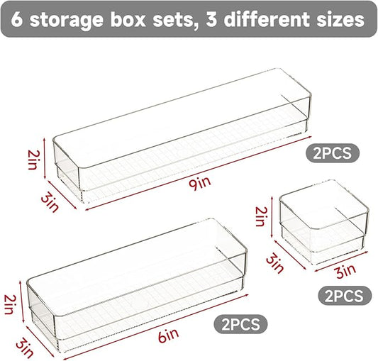 6 PCS Clear Plastic Drawer Organizer Set, 2 Sizes Acrylic Drawer Storage Trays - Image 2