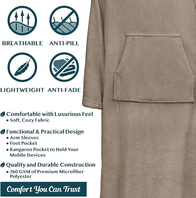 PAVILIA Fleece Blanket with Sleeves, Foot Pockets for Women Men Adults, Plush Wearable Blanket Throw Wrap, Warm Snuggle Blanket Robe, Cozy Gift Ideas Wife Mom, Taupe Beige