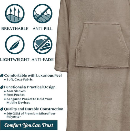 PAVILIA Fleece Blanket with Sleeves, Foot Pockets for Women Men Adults, Plush Wearable Blanket Throw Wrap, Warm Snuggle Blanket Robe, Cozy Gift Ideas Wife Mom, Taupe Beige
