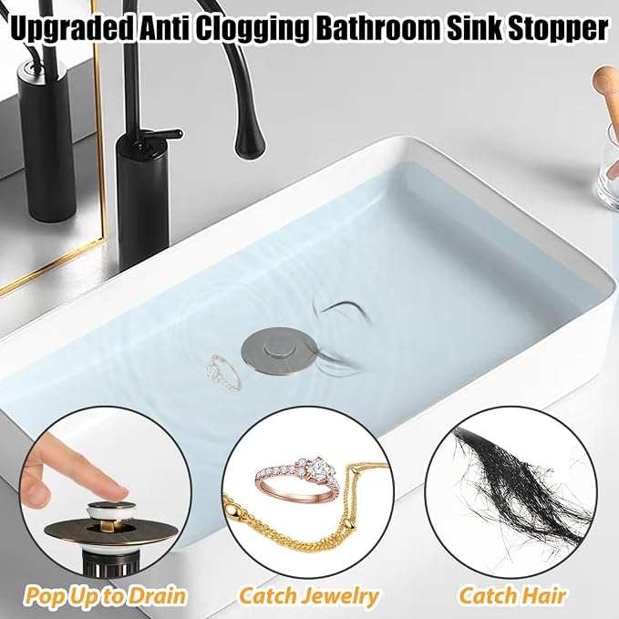 3 in 1 Pop Up Bathroom Sink Stopper, Bathroom Sink Drain Strainer, - Image 5