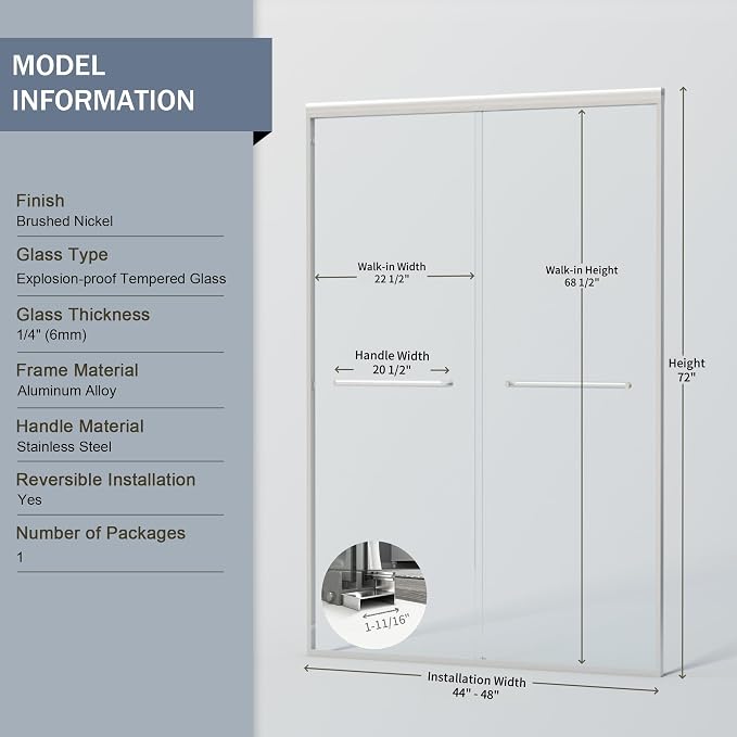 44-48 in. W x 72 in. H Double Sliding Shower Door, Semi-Frameless Bypass - Image 3