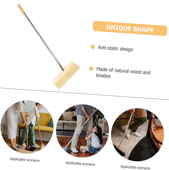 Natural Bristle Broom Soft Floor Brush Stainless Steel Pole Home Cleaning Tool - Image 3