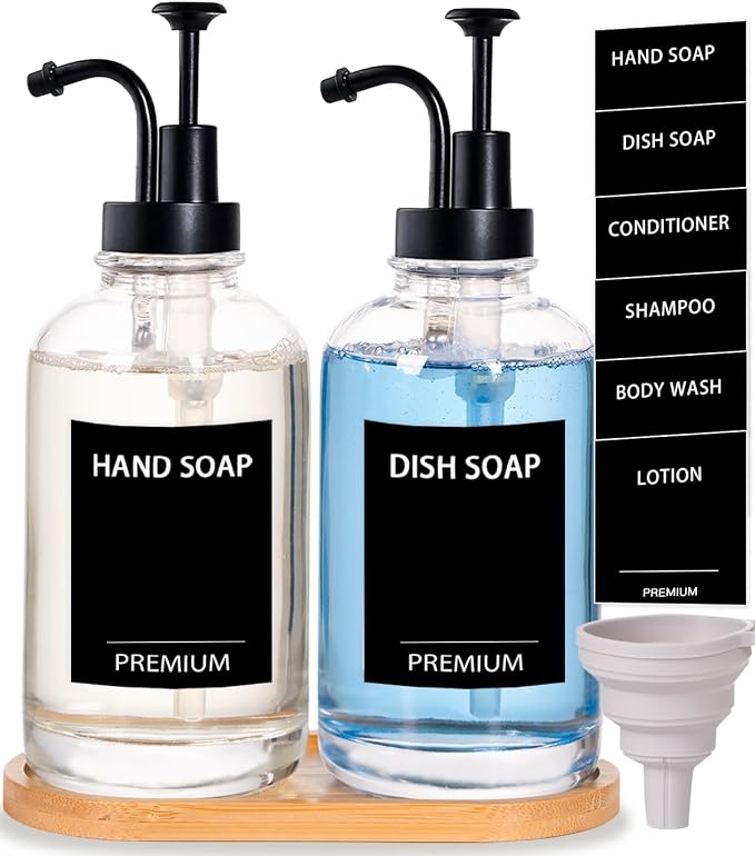 Dish Soap Dispenser for Kitchen, Hand Glass Soap Dispenser Set by Hoousuper