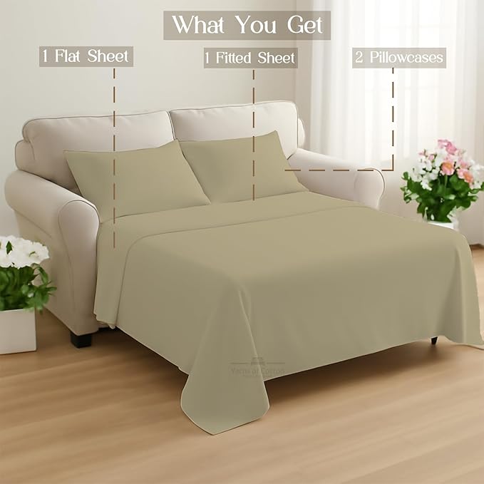 Sleeper Sofa 4 Piece Bed Sheet Set Premium Quality 100% Cotton 500 Thread Count, Smooth & Super Soft Sateen Weave, Extra Soft Bed Sheets, Wrinkle Free, 6 Inch Deep Pocket (Full, Beige)