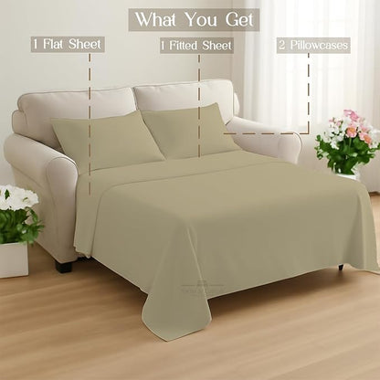 Sleeper Sofa 4 Piece Bed Sheet Set Premium Quality 100% Cotton 500 Thread Count, Smooth & Super Soft Sateen Weave, Extra Soft Bed Sheets, Wrinkle Free, 6 Inch Deep Pocket (Full, Beige)