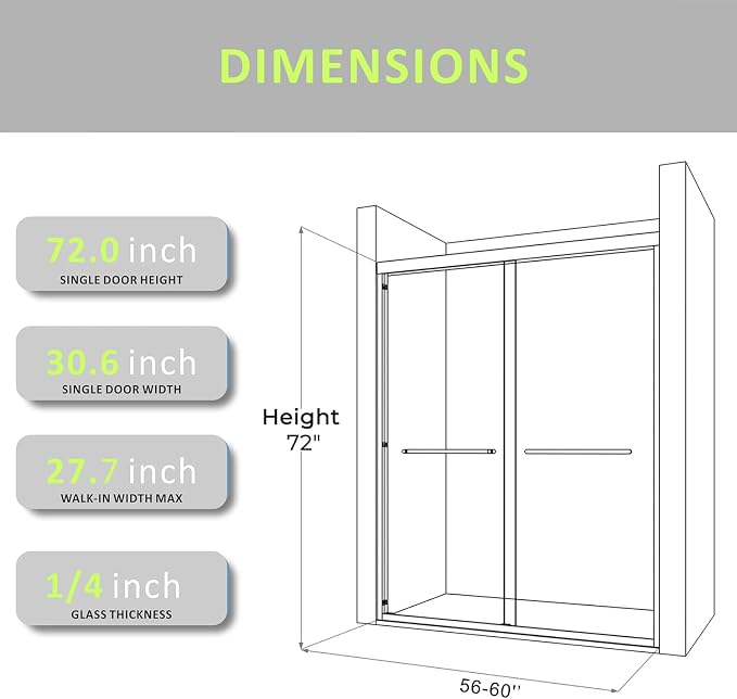 Semi-Frameless Double Sliding Shower Door 60 in. W x 72 in. H, Bathroom Clear - Image 2