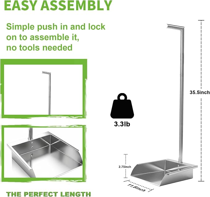Extra Large Stainless Steel Long Handle dust pan, Heavy Duty Upright Metal - Image 4