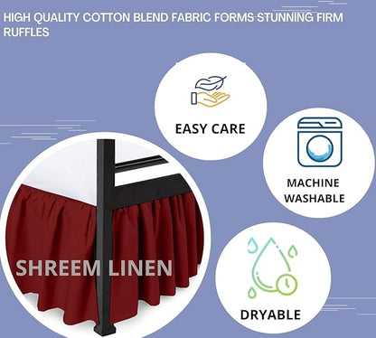 Shreem Linen Ruffled Bed Skirt with Split Corners, Gathered Style, 100% Microfiber, 15-Inch Drop, Dust Ruffle Bedskirt with Platform, Olympic Queen, Burgundy