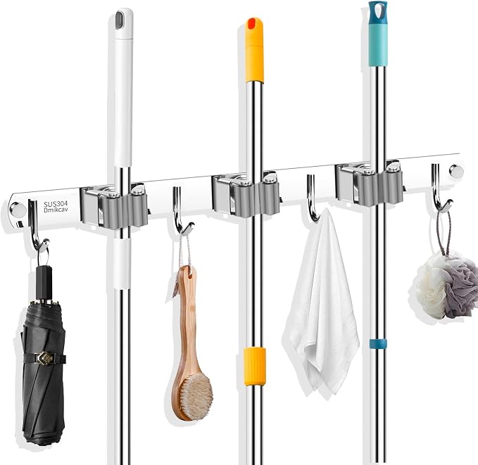 Mop and Broom Holder Wall Mounted, 3 Racks and 4 Hooks Broom, Upgraded by Dmikcav