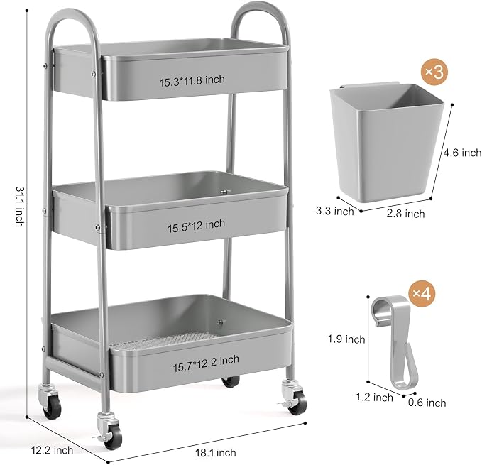 3 Tier Gray Metal Rolling Cart, Mesh Storage Cart - Image 9