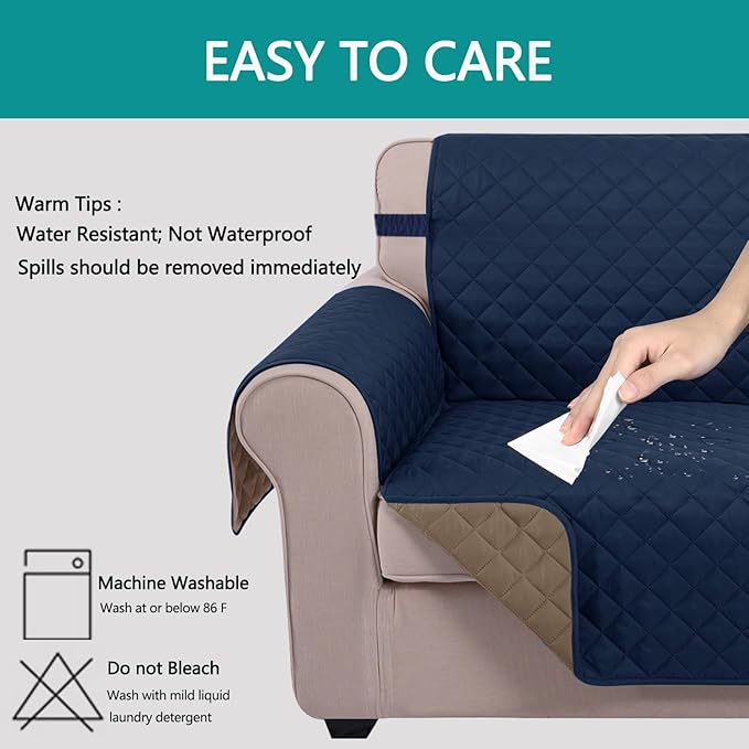 U-NICE HOME Loveseat Sofa Cover Reversible Couch Covers for 2 Cushion Couch for Dogs Furniture Protector Cover with Elastic Straps Water Resistant(Loveseat Small, Navy/Taupe)