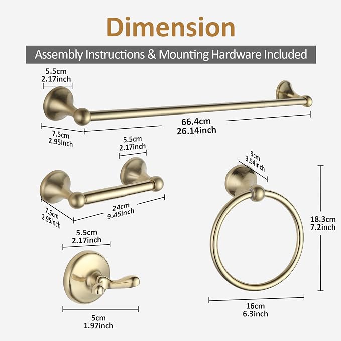 BGL Bathroom Accessories Set, Brushed Brass Towel Holder - Image 7