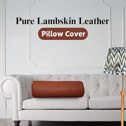 Neck Roll Pillow Cushion Cover, 24x7 Inch Full Moon Round Bolster Pillow Case, Cylinder Soft Lambskin Leather Pillowcase for Head, Spine & Neck Support During Sleep - Quilted Brown Pack of 1