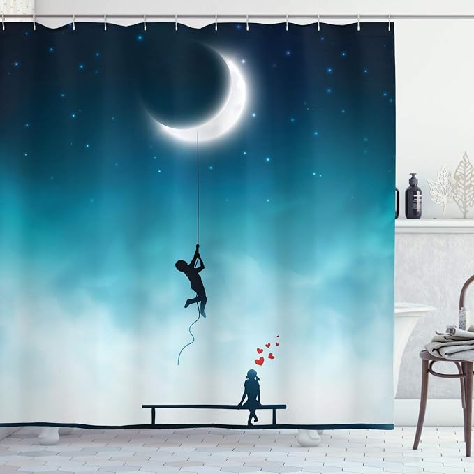 Ambesonne Fantasy Shower Curtain, Characters Climbing to The Moon and Sitting by Ambesonne