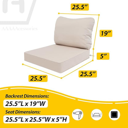 AAAAAcessories Outdoor Deep Seat Cushions, Waterproof, Fade-Resistant Patio Furniture Replacement Cushions, 25.5" x 25.5" x 5" + 25.5" x 19", Khaki Beige