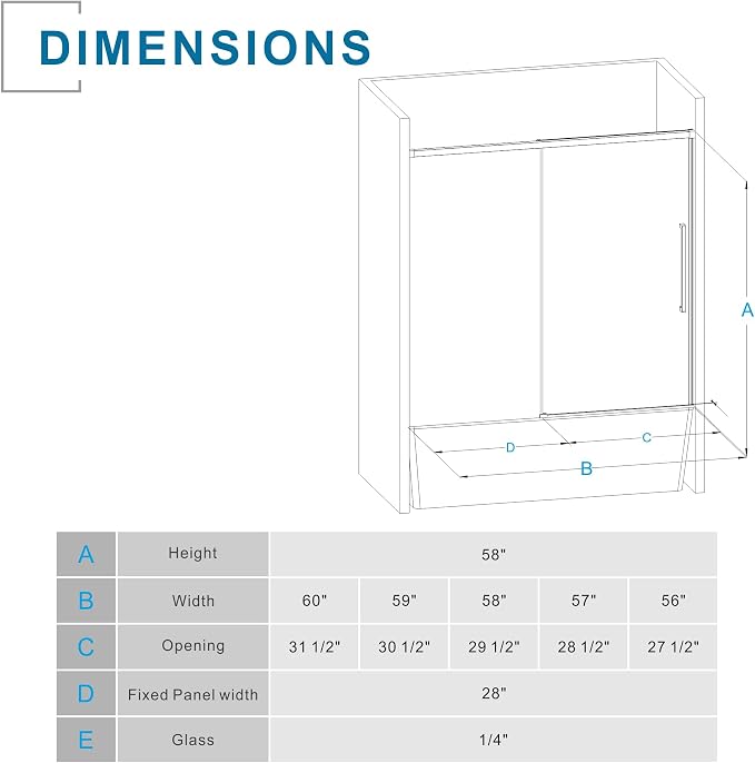 Semi-Frameless Sliding Bathtub Door 60" W x 58" H, 1/4" Clear Tempered Glass - Image 7