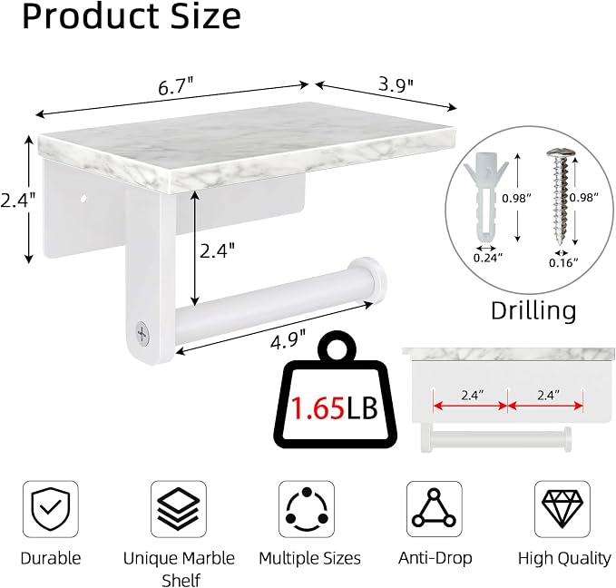 Toilet Paper Holder with Natural Marble Shelf, 304 Stainless Steel Screw Wall - Image 4