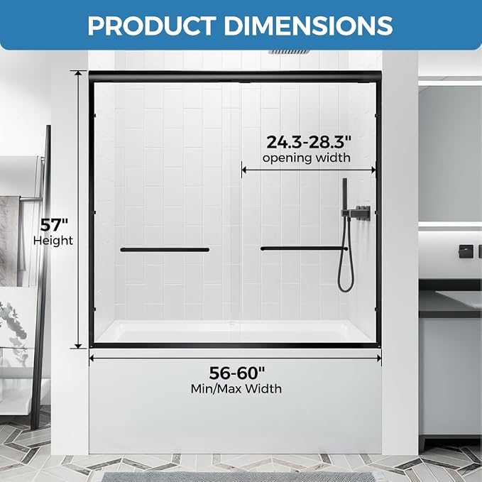 Double Sliding Bathtub Door 56-60“W x 57” H, Semi-Frameless Bath Tub Door - Image 8