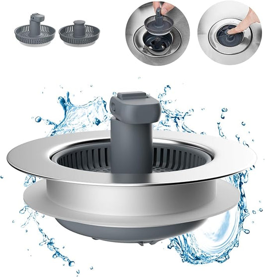 Hibbent 3 in 1 Kitchen Sink Drain Strainer and Stopper Combo, Chrome Stainless by Hibbent