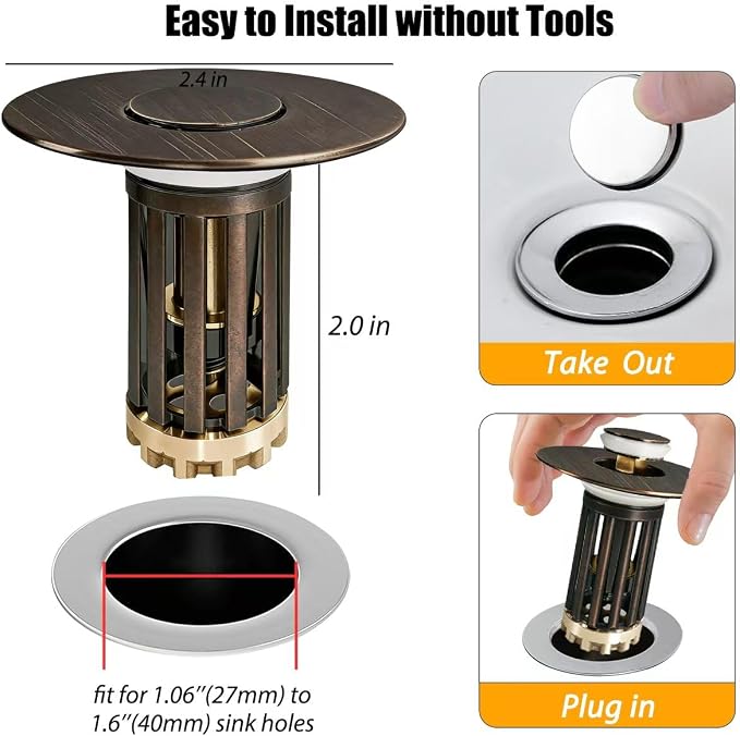 3 in 1 Pop Up Bathroom Sink Stopper, Bathroom Sink Drain Strainer, - Image 2