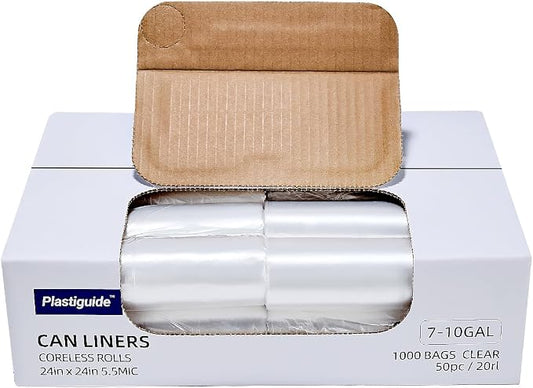 7-10 Gallon Clear Trash Can Liners, Wholesale 1000 Count, High Density Garbage by Plastiguide