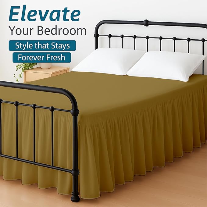 Shreem Linen Ruffled Bed Skirt with Split Corners, Gathered Style, 100% Microfiber, 15-Inch Drop, Dust Ruffle Bedskirt with Platform, RV King, Taupe