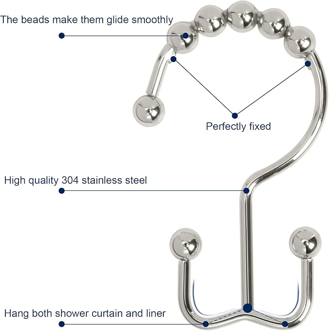 Shower Curtain Hooks, Sturdy Stainless Steel Double Sided Shower Hooks Rings - Image 3
