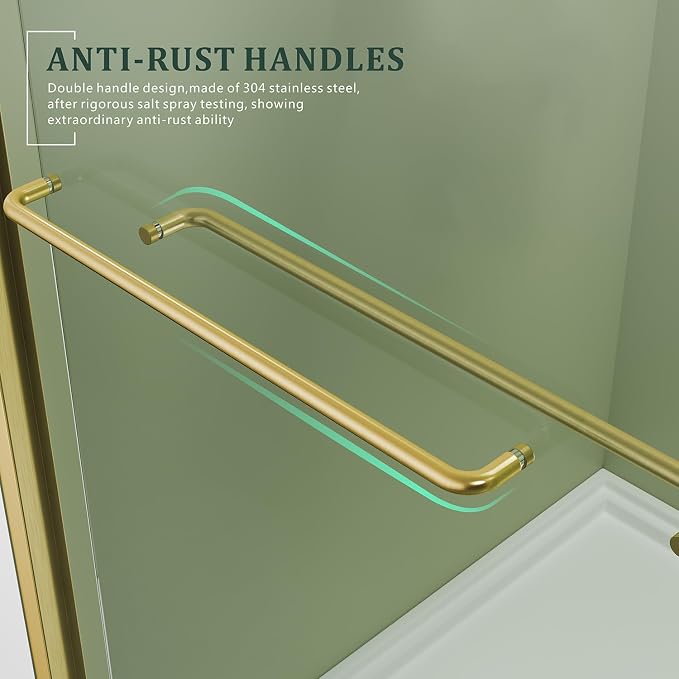 Brushed Gold 50-54'' x 72'' Semi-Frameless Glass Shower Door, Bathroom Sliding - Image 3