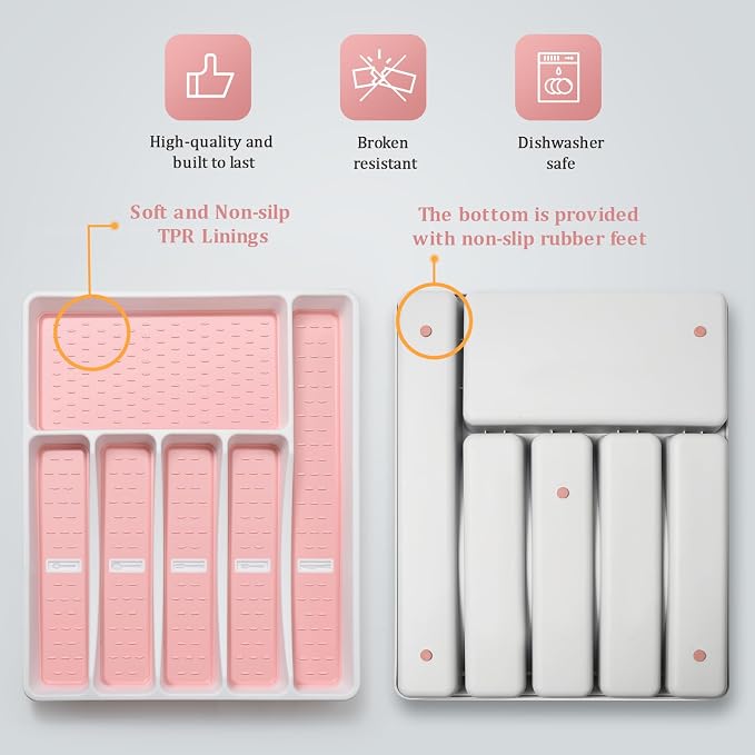 Silverware Organizer with Cutlery Icons，Pink Kitchen Silverware Tray - Image 7