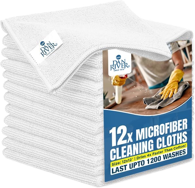 DAN RIVER 12-Pack White Microfiber Towels – Ultra Absorbent, Lint-Free & by DanRiver