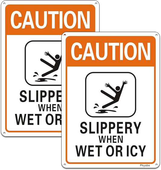 2 Pack Caution Slippery When Wet or Icy Sign, 7” x 10” Metal Rust Free Aluminum by Phyabe%C2%AESign