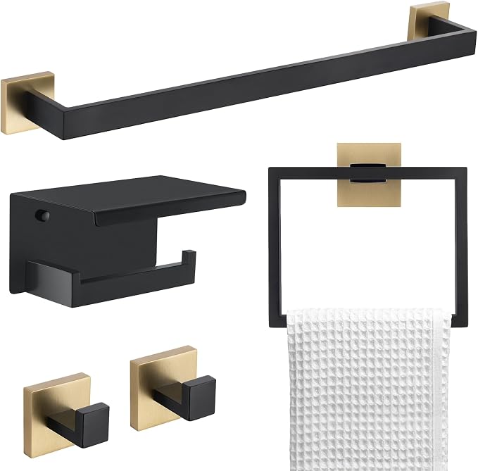 5 Pieces Bathroom Hardware Set Black and Gold Towel Bar Set, Toilet Paper Holder by TNOMS